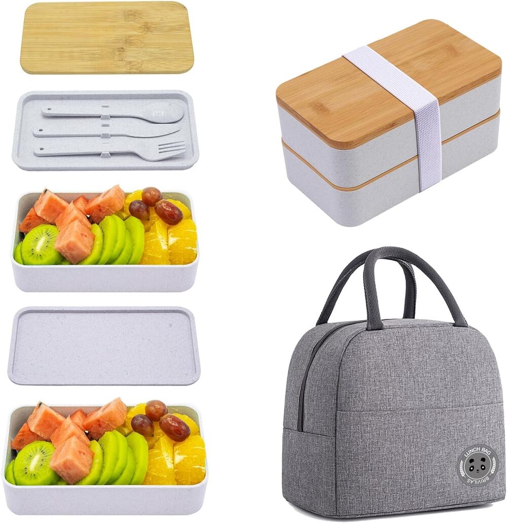 Collect Beauty Stackable Bento Lunch Box with Dividers & Lunch Bag Gray
